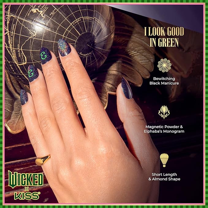 WICKED X KISS Press On Nails Almond, ‘I Look Good in Green’, Green, Short, Waterproof, Chip Proof, Smudge Proof, 28 Fake Nails, Pink Gel Nail Glue (2g), Mini Nail File, & Manicure Stick