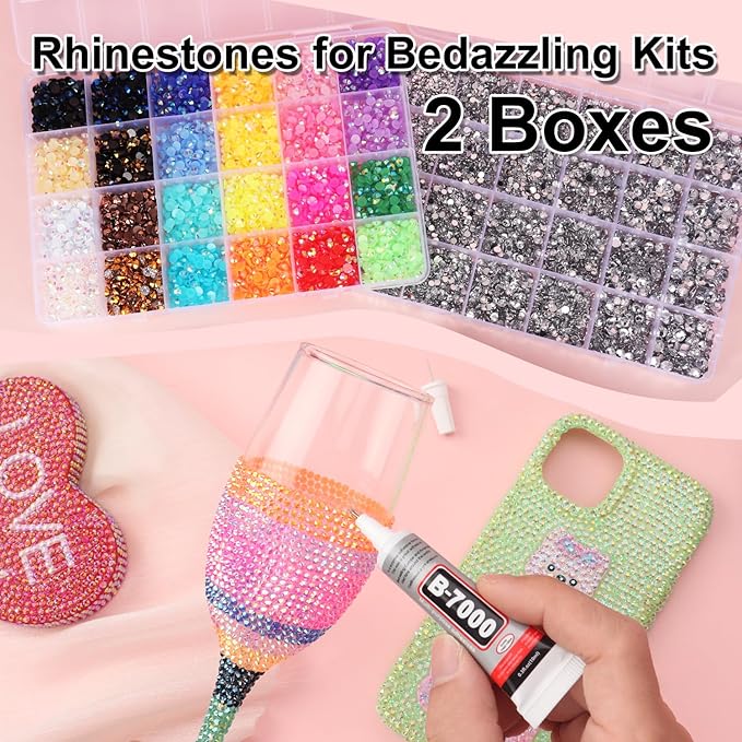 2 Boxes Rhinestones for Bedazzling Kits, Multicolor 5mm & Silver Clear 2/3/4/5/6mm Resin Flatback Gems for Diamond Art, Bedazzler Kit with 3Pcs 10ml B7000 Jewelry Glue for DIY Crafting Crafts Decor