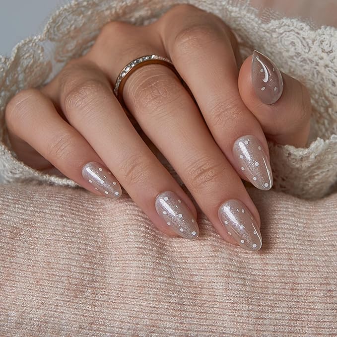 CurvLife Pearl Shimmer Almond Press On Nails Short for Women, Nude Champagne Soft Gel Fake Nails with White Dot Design, Bridal Wedding Glue On Nails Kit with Nail Glue & Tools, Salon Quality
