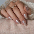 CurvLife Pearl Shimmer Almond Press On Nails Short for Women, Nude Champagne Soft Gel Fake Nails with White Dot Design, Bridal Wedding Glue On Nails Kit with Nail Glue & Tools, Salon Quality
