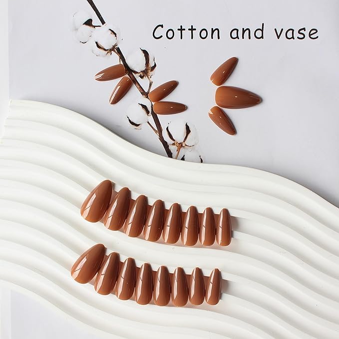 Light Brown Press on Almond Shaped Medium Nails - Neutral Acrylic Reusable Fake Nails for Women - Glue on Medium Length Stiletto False Nails - Soft Gel Artificial