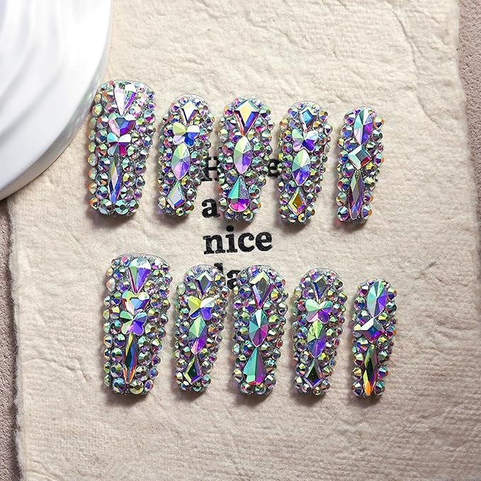 Luxury Handmade Press on Nails Long Coffin Fake Nails Rhinestone Crystal Full Cover False Nails with Glue with Designs Sparkly Long Acrylic Nail Reusable Stick on Nail for Women 10Pcs(Size M)