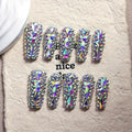 Luxury Handmade Press on Nails Long Coffin Fake Nails Rhinestone Crystal Full Cover False Nails with Glue with Designs Sparkly Long Acrylic Nail Reusable Stick on Nail for Women 10Pcs(Size M)
