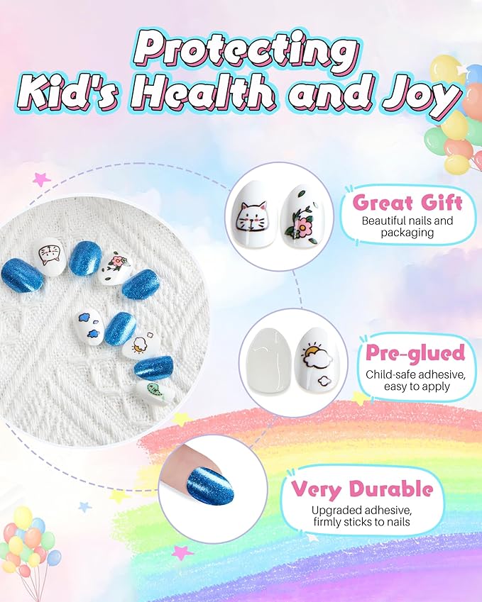 Cute Press on Nails for Kids,Girls Trendy Stuff Fake Nail Kit for Ages 5-12, Pre-glue Glitter Short Acrylic Nail Stick on Nails, Great for Girl Birthday Gifts, Parties&Makeovers Decoration