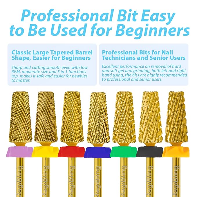 6.6mm Large Tapered Barrel 5-in-1 Nail Drill Bit, 3/32" Cross-Cut Safety Tungsten Carbide Efile Bit for Fast Gel & Acrylic Removal, Two-Way Rotation, Nail Tech & Beginner Bit, Titanium, Double Fine