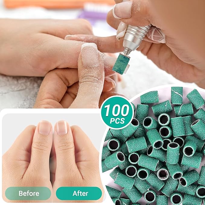 MelodySusie 100 Pcs Nail Drill Bits Sanding Bands for Nail Drill 180 Fine Grit Nail File Sanding Bands for Acrylic Nails Gel Manicures and Pedicure