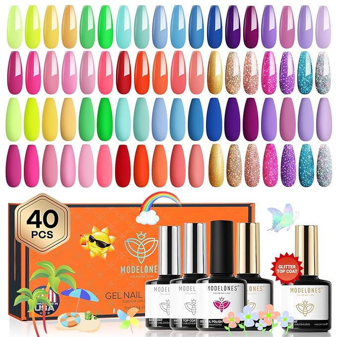 modelones 40 Pcs Gel Nail Polish Set, 36 Colors Rainbow Neon Gel Polish Bright Hot Pink Green Yellow Purple Blue Glitter Nail Gel Polish with Soak Off Base Coat& Matte Glitter Glossy Top Coat