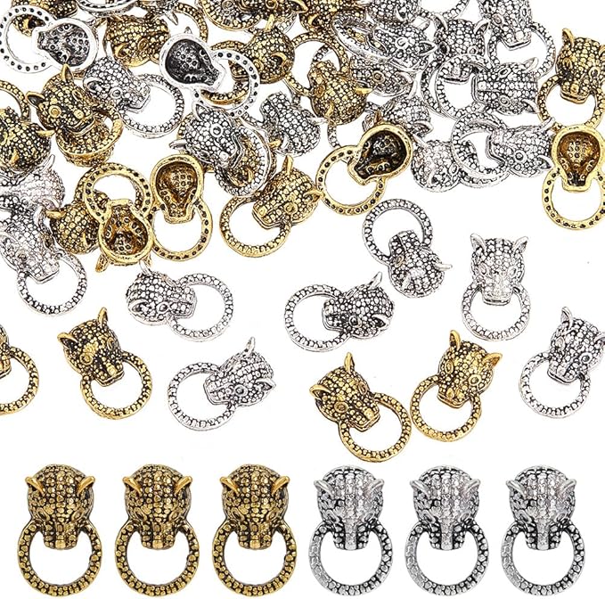 60Pcs 2 Colors Leopard Head Alloy Cabochons Feline Animal Theme Nail Art Charms Pull Ring Design Manicure Jewels Retro Wild Style Nail Art Decorations for Nail Art Supplies