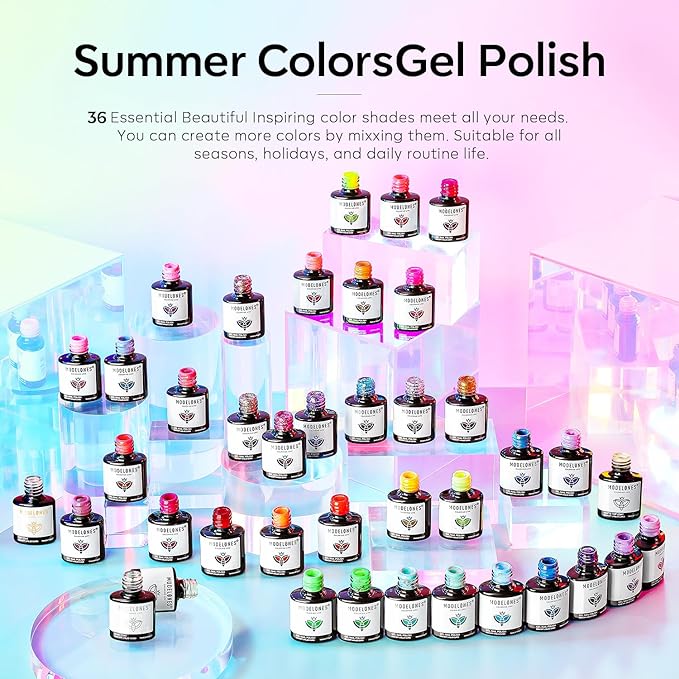 modelones 40 Pcs Gel Nail Polish Set, 36 Colors Rainbow Neon Gel Polish Bright Hot Pink Green Yellow Purple Blue Glitter Nail Gel Polish with Soak Off Base Coat& Matte Glitter Glossy Top Coat