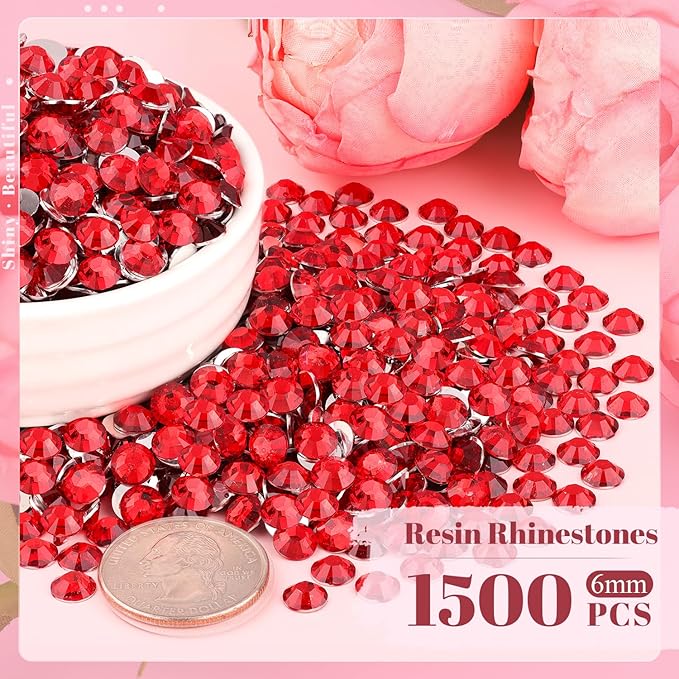 1500PCS 6mm Resin Rhinestones Bulk for Crafting (Red), Flatback Bedazzling Crystals for Crafts DIY Nail Decoration, Gems Charms for Tumbler Shoes Clothing Fabric with Pickup Pen and Tweezers