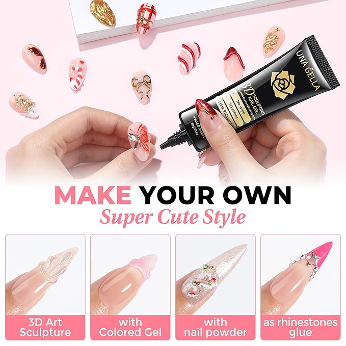 UNA GELLA 3D Gel Nail Art 30g, 4 in 1 No Wipe Clear 3D Sculpting Gel Polish Nail Glue for Nails Tips, Chrome Nails Powder, Nails Charms and Painting Christmas Art Designs Lamp Curing Required