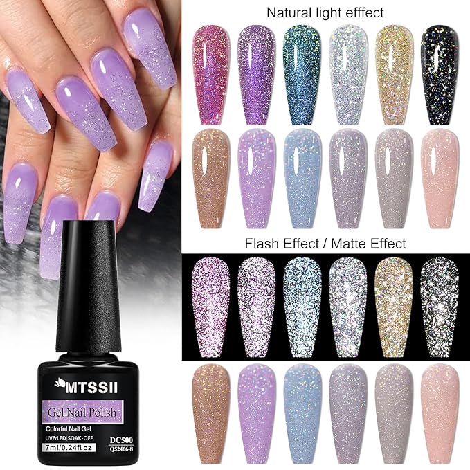 MTSSII Gel Polish Reflective Glitter Gel Nail Polish Set, 12 Colors Holographic Sparkle Glitter Gel, Flash Diamond Sliver Gold Black Red UV LED Soak Off Manicure Kit Gift for Women Girls