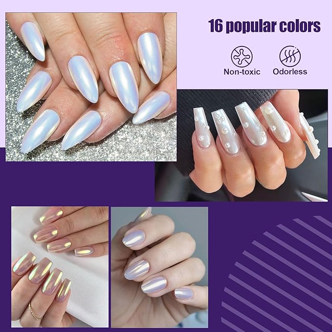 Artdone Chrome Nail Powder 16 Colors, Iridescent Aurora Chameleon Powder Metallic Mirror Effect Pigment Pearlescent Mermaid Pearl Glitter Dust Kit, Nail Art Decoration, Resin Craft