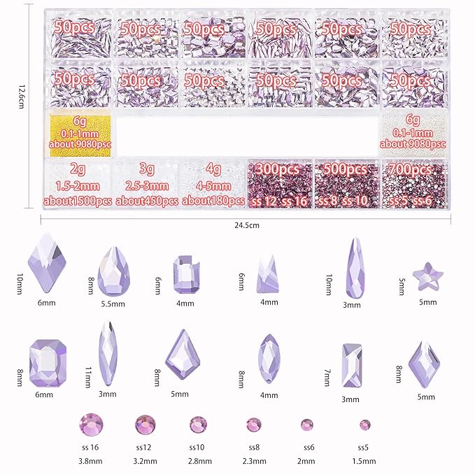 Nail Rhinestones Kit 9080PCS Flatback Rhinestones for Nail Crystals Decoration Nail Hearts Multi Shapes Mix Size and Metal Beads Pearl Gold Silver with glue gel and Pen brush tweezers(Light Purple)