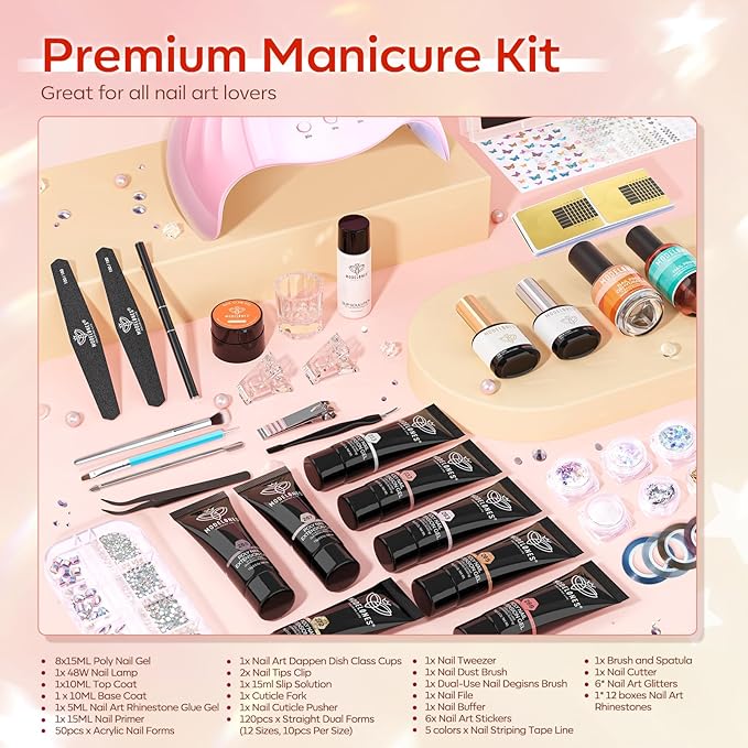 Modelones Poly Nail Gel Kit with 48W U V/LED Lamp 8 Fall Colors Clear Orange Pink Brown Glitter Extension Builder Gel Complete Art Tools Manicure Professional Starter Supplies DIY at Home