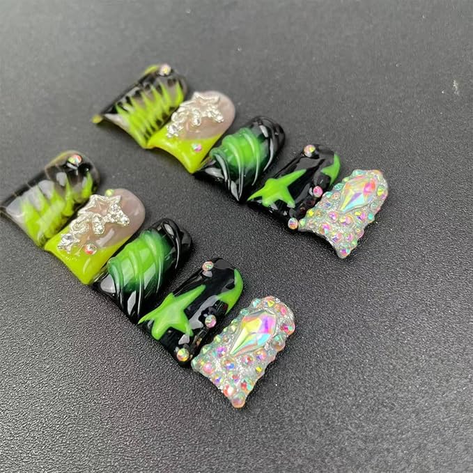 Handmade Press on Nails Medium Duck Nails with Glue,Black and Green Fake Nails with Star Rhinestone Design Reusable Acrylic Nature Stick on Nail Y2K False Nails for Wome (Size M)