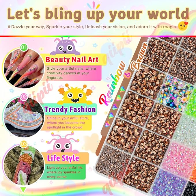 Copper Resin Rhinestones w B7000 Glue for Crafting Bedazzling 2mm-6mm Flatback Brown Colorful Jelly Stones Diamonds Gems Bedazzler Kit for Nails Face Eyes Makeup Tumblers Bottles Crafts Shoes