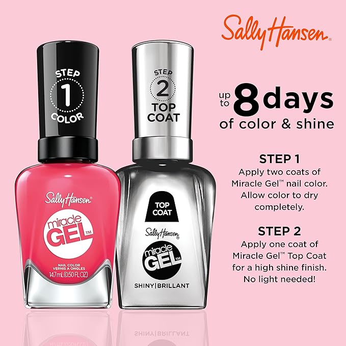 Sally Hansen Miracle Gel Salon Quality Nail Polish | Gel-Like Formula, Two-Step System, No UV Light Needed, Long Lasting | Opaque, Glossy | 339 Electric Pop | Hot Pink Nail Color