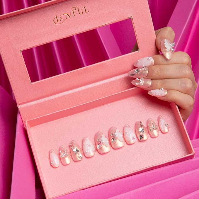 LOVFUL Press on Nails Sweet Swing | Handmade with Full Covered Crystals | Reusable Fake Nails | Almond Regular 1.0 in | H295-L