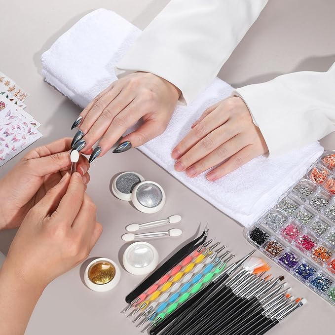 FANDAMEI Nail Art Kit, Nail Design Kit, Nail Brushes, Nail Decorations For Nail Art, Rhinestones For Nails, Nail Stickers, Pearl Chrome Nail Powder, Chrome Powder For Nails, Nail Design Tools