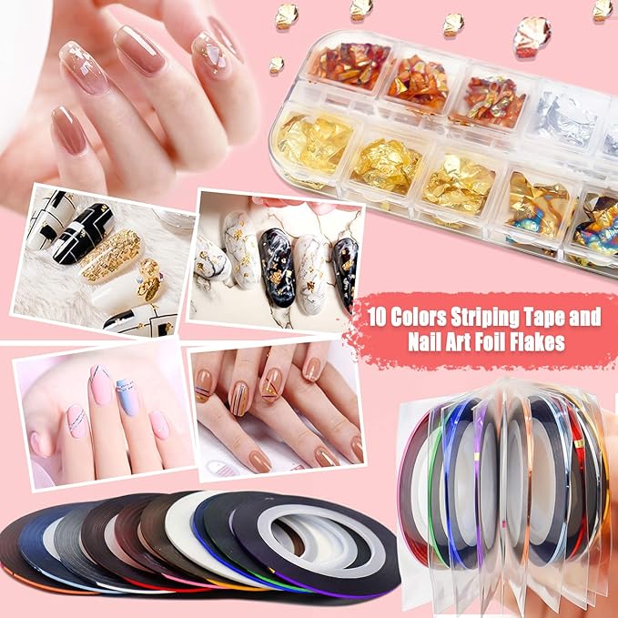 Nail Art Design Tools - 3D Decorations Kit with Brushes, Dotting Tools, Holographic Stickers, Nail Foil Tape, Rhinestones and Pick-Up Tweezers