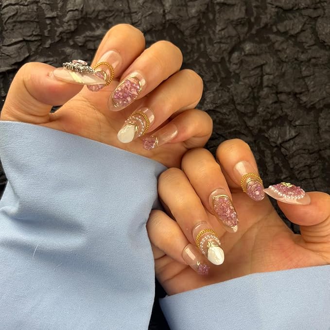 Handmade Press On Nails Medium Oval,Gold Chain&Pearl French Nail Tip,10Pcs Acrylic Fake Nails with Charm Design,Glue On Nail with 3D Rhinestone Stick On Woman Fingernails