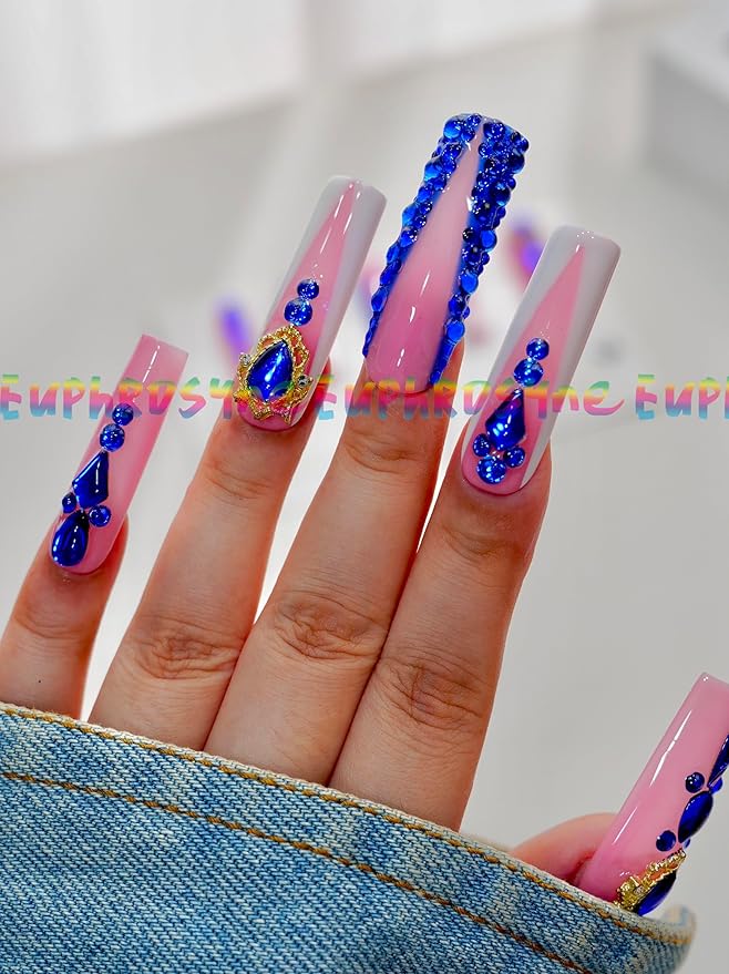 10PCS Pink and Blue Rhinestone Press On Nails – Long Coffin Fake Nails with Large Gem Charms & Glitter Accents, Glossy Reusable Luxury Party Nails for Women and Girls – Euphrosyne