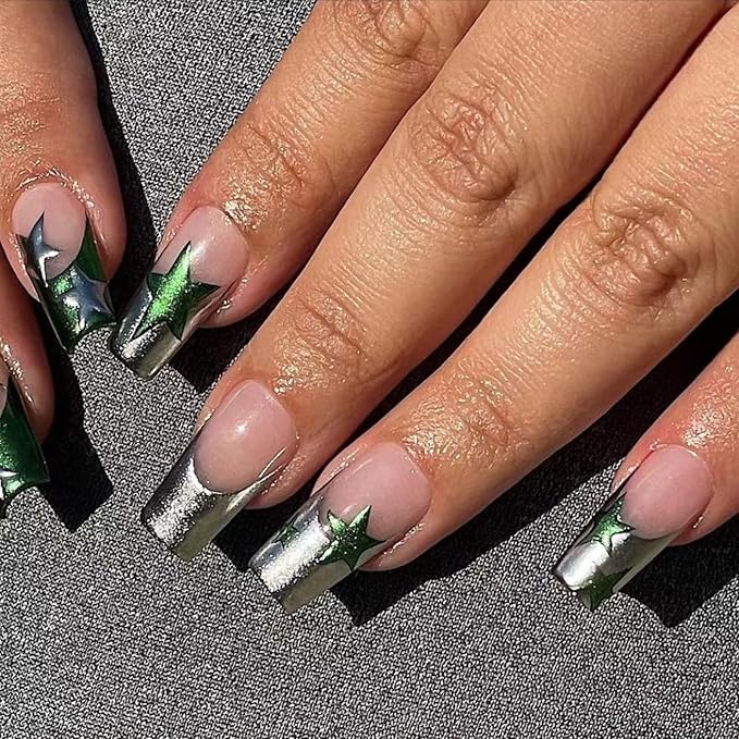 Press on Nails Long Square Sliver French Tip Fake Nails Glitter Full Cover False Nails with Green Stars Designs Glossy False Nails with Nail Glue Artificial Acrylic Nails for Women Girls 24 Pcs