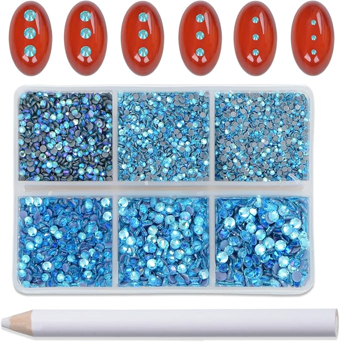 Bymitel Hotfix Crystal Rhinestones Round Gems for Crafts,Mixed 6 Sizes with Wax Pencil Kit, Aquamarine AB 1.3-3.2mm(SS3-SS12/8000pcs)