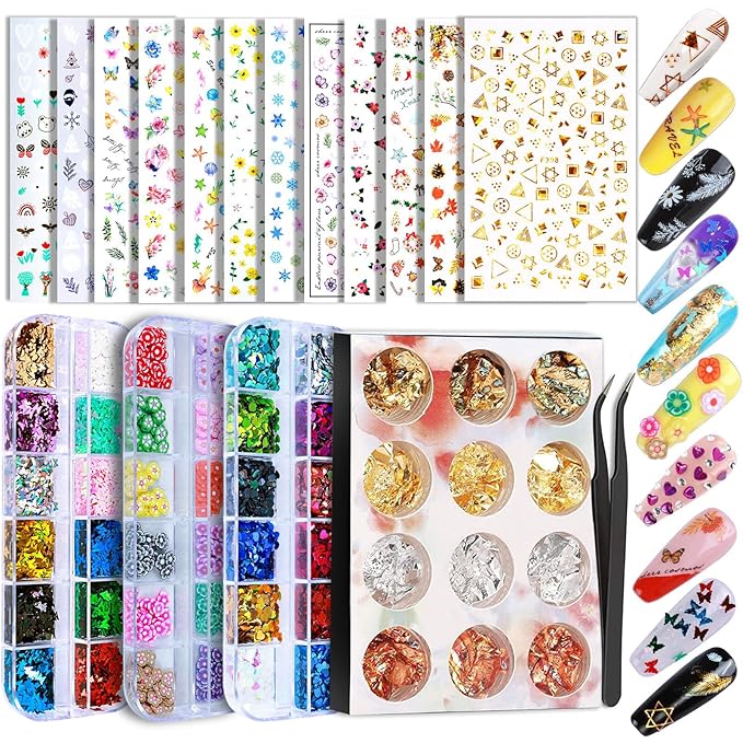 Nail Art Sticker, 12 Sheets Nail Art Stickers Flower Nail Stickers Decal 3D Self-Adhesive, Teenitor Nail Art Decoration with Nail Glitter Butterfly Sequins Nail Foils Nail Flower Slices
