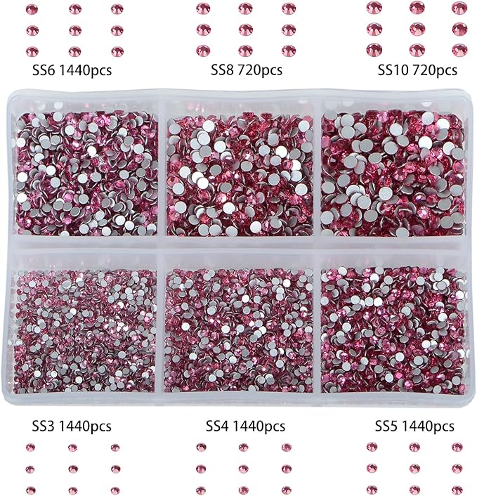 Bymitel 7200 Pieces 6 Mixed Sizes Glue Fix on Glass Rhinestones Round Crystal Gems Flatback for DIY Jewelry Making with one Picking Pen(6-Sizes 7200PCS, Rose)