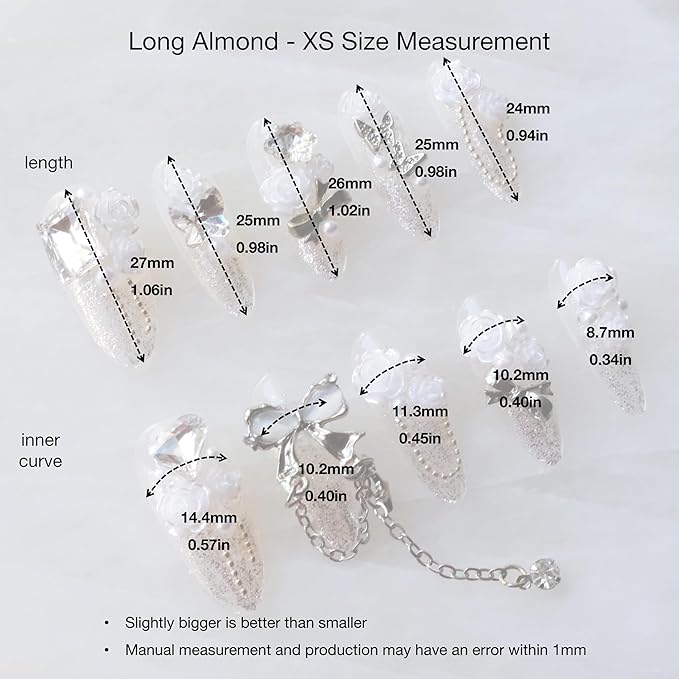Luxury Long Almond Press-On Nails, 3D White Roses with Silver Glitter, Pearl and Rhinestone Decorations, Handmade False Nail 10 Pieces (XS, LS)