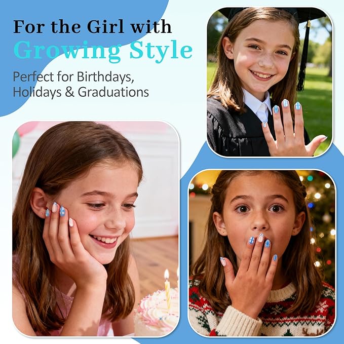 16 Sizes Press on Nails Kit for Kids - 32 Pieces French Almond Fake Nail Tips for Girls 8-12 Years Old with Jelly Nail Adhesives & No-Lamp Nail Glue, Birthday Christmas Gifts(French Blue Grid)