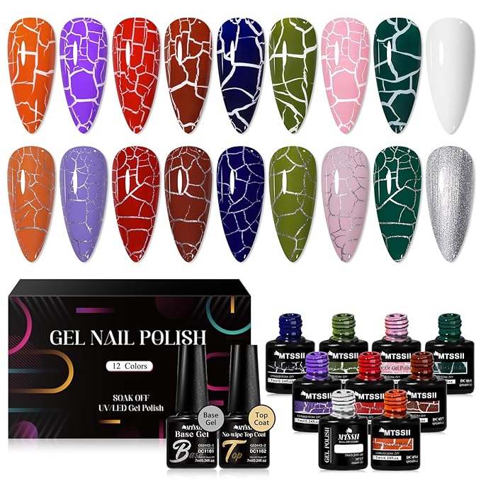 MTSSII 12pc Crackle Gel Nail Polish Set - 8 Colors (Red, Purple, Orange, Pink, Green, Blue) + White & Silver Gel Polish - Air Dry & UV LED Lamp Needed