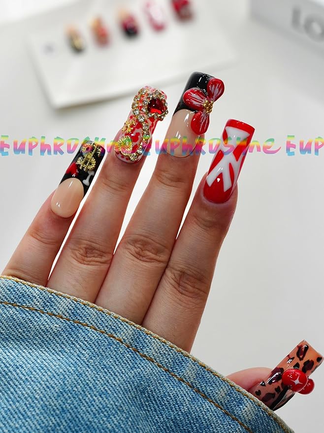Euphrosyne Y2K Press On Nails – 10pcs Long Coffin Fake Nails with Leopard Print, 3D Cherry, Flowers, Heart Rhinestones & Love Charms | Trendy Stick-On Nails for Women, Cute Nail Art for Party Look