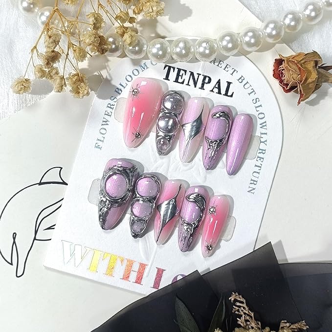 Metallic Press on Nails Long Stiletto,Sweet Cool Soft Gel With Aurora Designs,10Pcs/Box Acrylic Handmade Pink Purple y2k False Nails Press Ons For Women Gift(XS)