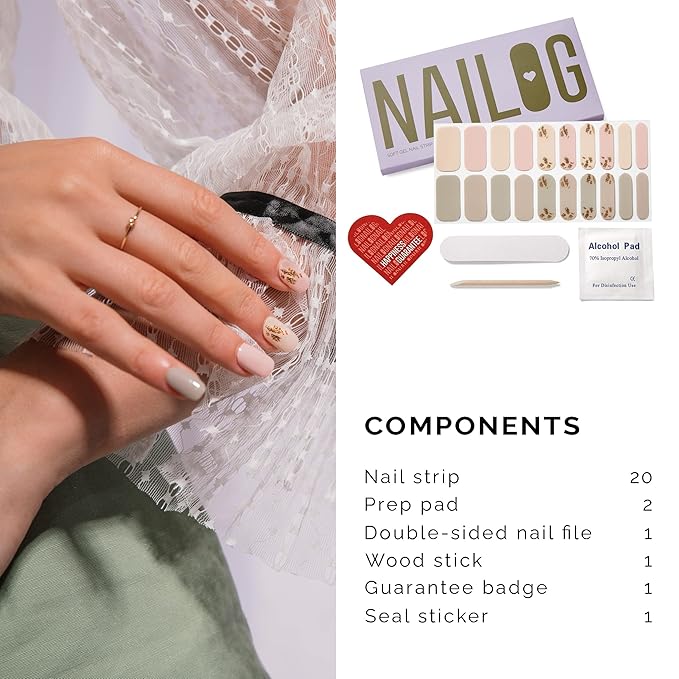 NAILOG Semi Cured Gel Nail Strips, 20Pcs Nude Color Goldleaf Long Lasting Gel Nail Stickers, Salon Quality Easy Apply & Remove Works with Any UV/LED Nail Lamps, Tea Time