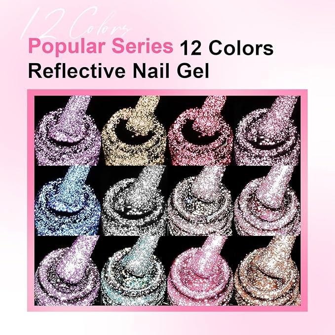 Reflective Glitter Gel Polish Christmas Pink Purple Brown Glitter Sparkly Shiny Disco DJ LED Gel Nail Polish Nail Varnish 12PCS 7ML