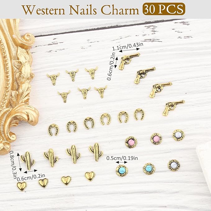 30 PCS Western Nail Charms - Retro Metal Cowboy Cowgirl Turquoise Nail Charms Western Stickers Decals Gems Decor, Vintage Turquoise Jewelry for DIY Crafts Art Accessories