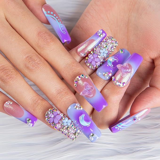 LOVFUL Short French Tip Press on Nails Lilac Stardust | Handmade Acrylic Press ons| Reusable Fake False Nails | Square Classic Regular 1.3in | H743-L