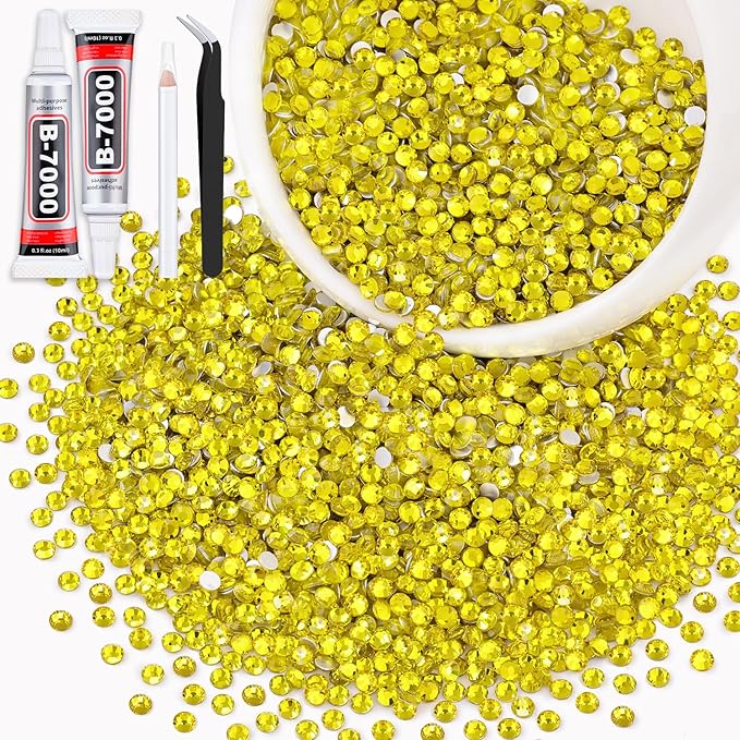 3000PCS SS12/3mm Crystal Rhinestones (Lemon Yellow) with 2Pcs 10ml B7000 Jewelry Glue, Bedazzling Flatback Glass Rhinestones for Crafting Decor, Gems Diomand Charm for Tumbler Shoes Clothing Nail Art