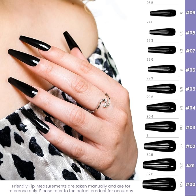 Allkem Coffin Press on Nails Extra Long Ballerina (20 Pieces) - Glossy Nail Extensions Kit - 10 Sizes Glue on Fake Nails (Black)