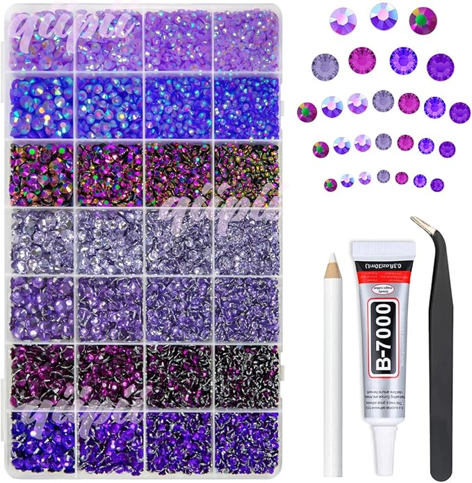 28 Types Purple Jelly Resin Rhinestones w B7000 Jewelry Glue for Bedazzling Crafting 3-6mm Flatback Stones Gems Diamonds Charms for Nails Face Eyes Makeup Crafts Tumblers Bottles Clothes Shoes