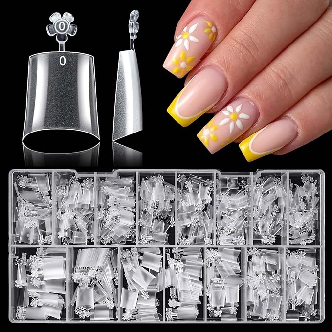 LoveOurHome 600pc French Coffin Nail Tips Clear Fake Nails Medium Coffin Gel Nail Tips Half Cover Acrylic Nails Clear Press Nail 15 Sizes False Fingernail for Gel Nail Tip Extension