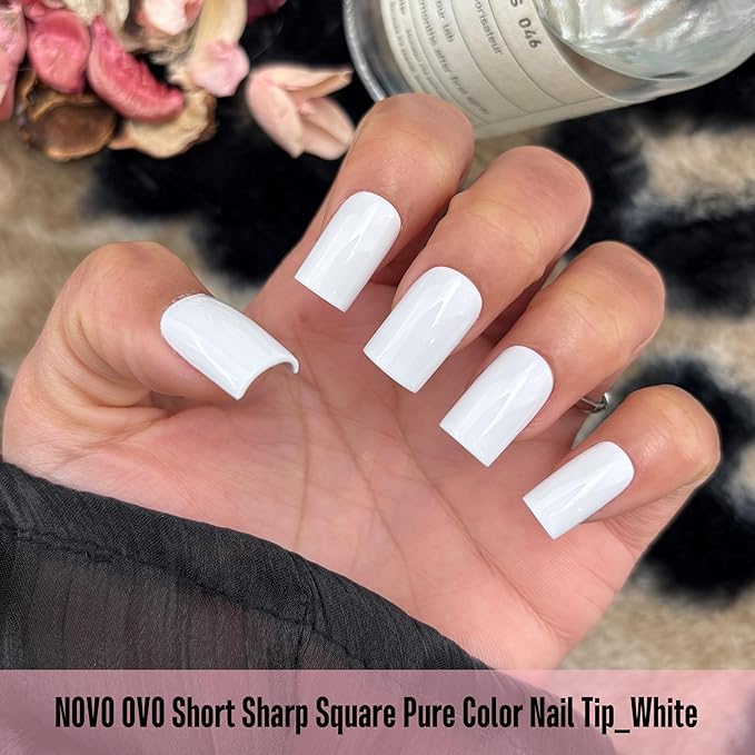 NOVO OVO Short Sharp Square Nail Tips Press on Pure Color White, Need Builder Gel Top Coat Nail Glue, Soft Gel Matte Fake Nail Extension, Full Cover False Nails for Salon DIY x 15 Sizes 180 pcs