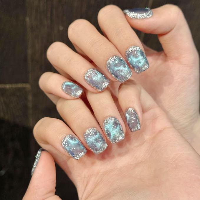 Short Square Press on Nails - Handmade Manicure Art Reusable False Nails 10pcs with Solid Nail Glue, Nail Adhesive Tabs, Strong Nail Glue (151 Large)