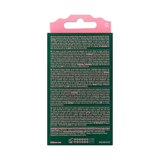 WICKED X KISS Press On Nails Almond, ‘I Look Good in Green’, Green, Short, Waterproof, Chip Proof, Smudge Proof, 28 Fake Nails, Pink Gel Nail Glue (2g), Mini Nail File, & Manicure Stick