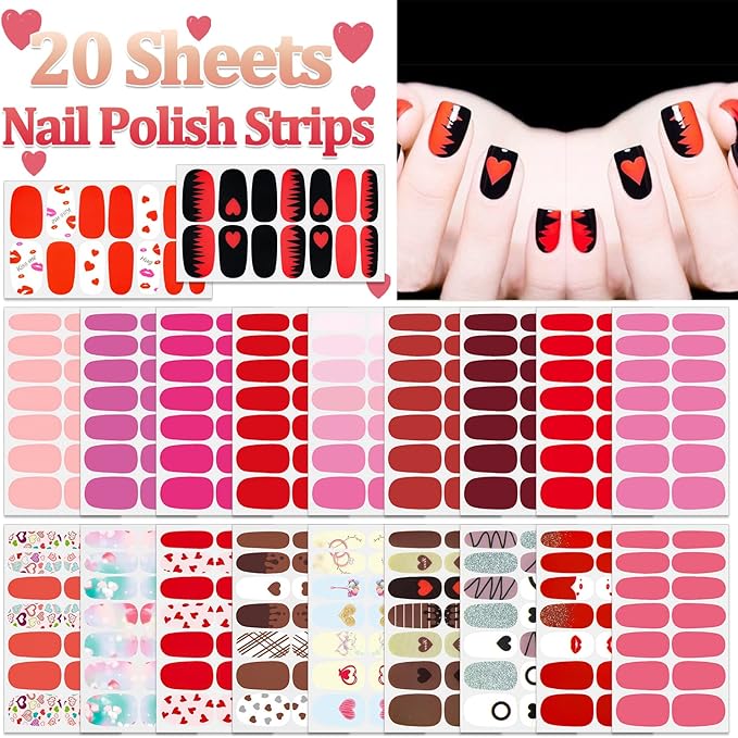SILPECWEE 20 Sheets Red Solid Color Nail Polish Stickers Decals Valentine's Day Nail Wraps for Women Gel Nail Strips Self Adhesive Nail Polish Strips Holiday Design Nail Art with 1pc Nail File