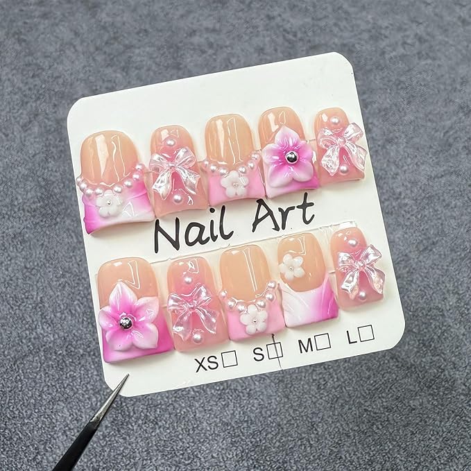 Luxury Handmade Duck Press on Nails Gradient Pink French False Nails with Glue,Medium Fake Nails Bow Art ＆ 3D Flower Design Muti-Layer Gel Thick Press ons Nail Reusable Acrylic Nails for Women(Size S)