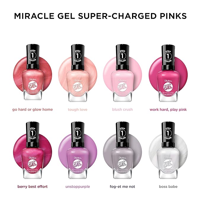 Sally Hansen Miracle Gel Supercharged Pinks Nail Polish | Salon Quality Gel-Like Formula, Two-Step System, No UV Light Needed, Long Lasting | 350 Work Hard, Play Pink | Bright Pink Crème Nail Color